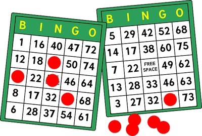 green and white bingo card with red chips 