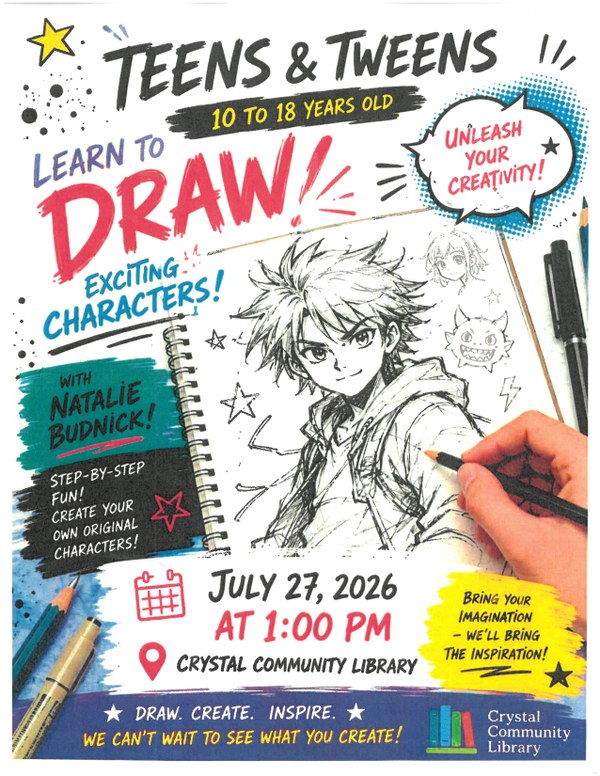 Flyer promoting a drawing class at 1:00 p.m. July 27, 2026